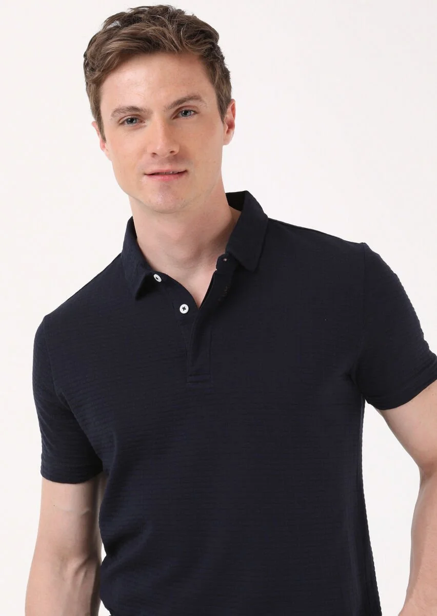 Navy Blue Jacquard Polo Neck 100% Cotton T-Shirt - 3