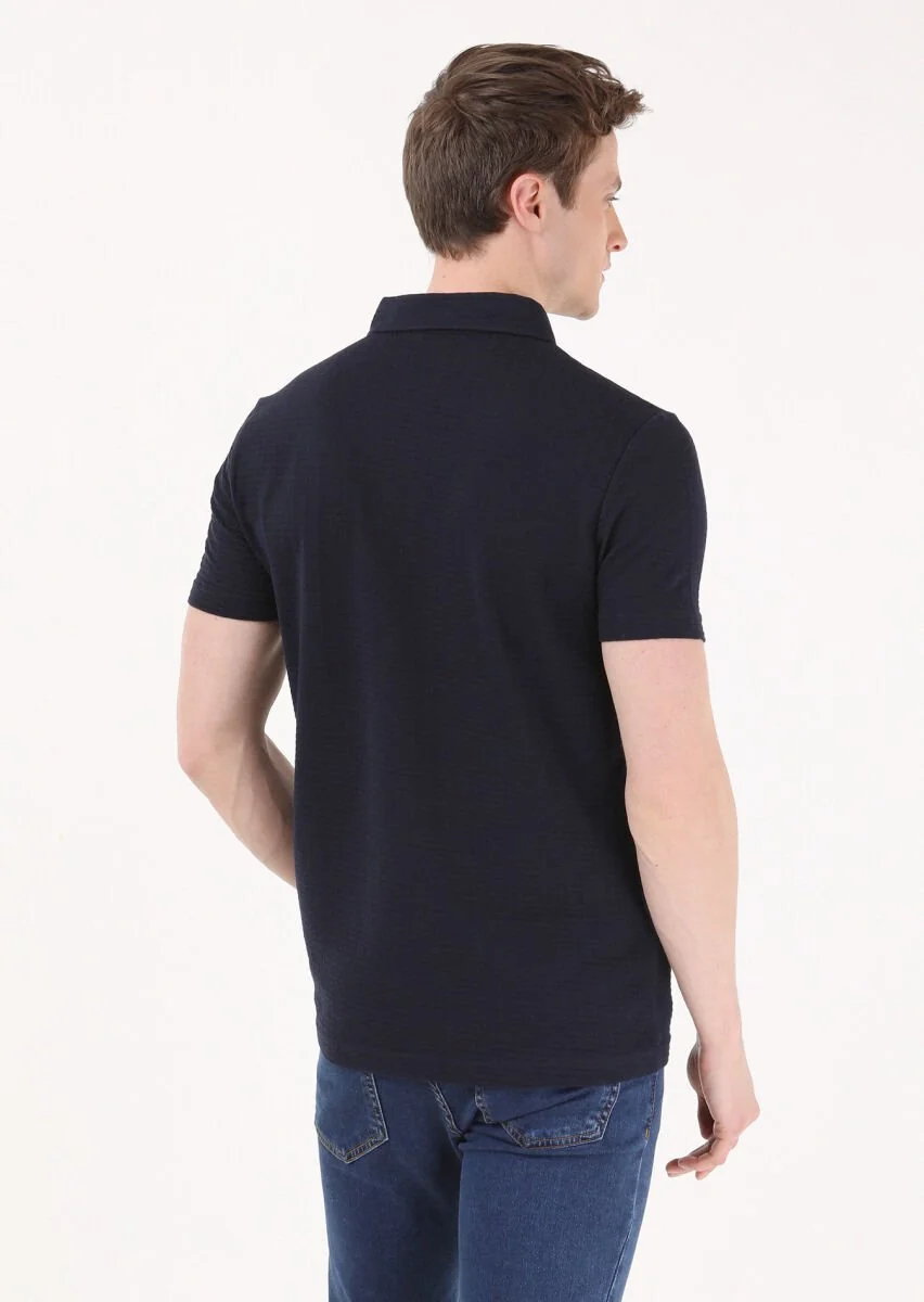 Navy Blue Jacquard Polo Neck 100% Cotton T-Shirt - 5