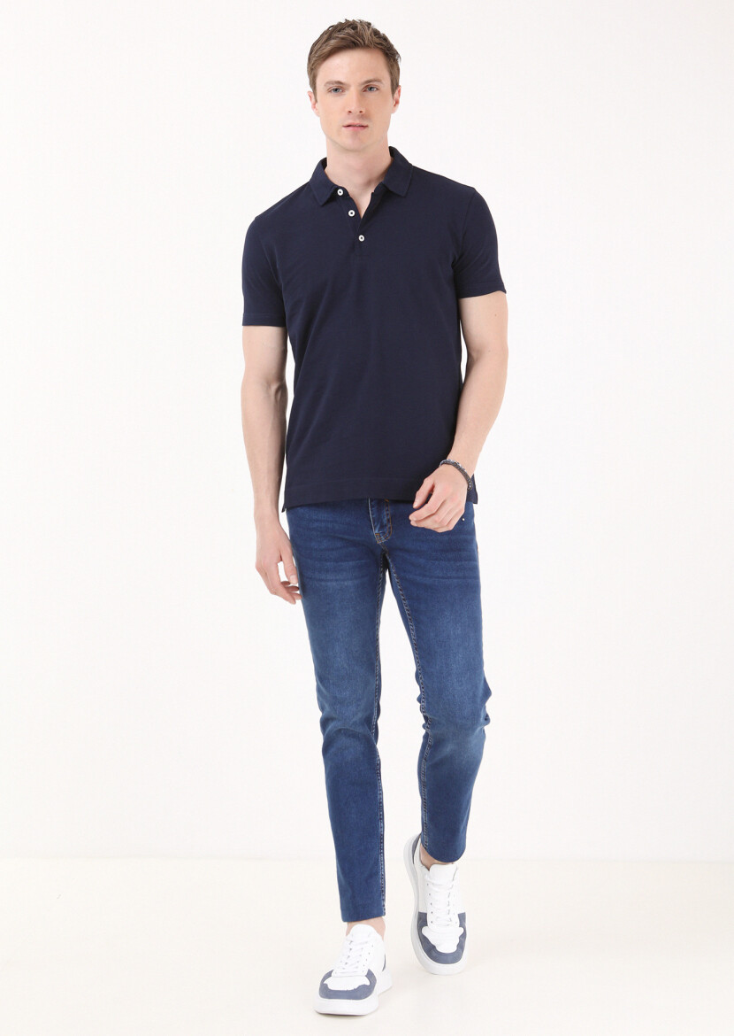 Navy Blue Jacquard Polo Neck 100% Cotton T-Shirt - 1