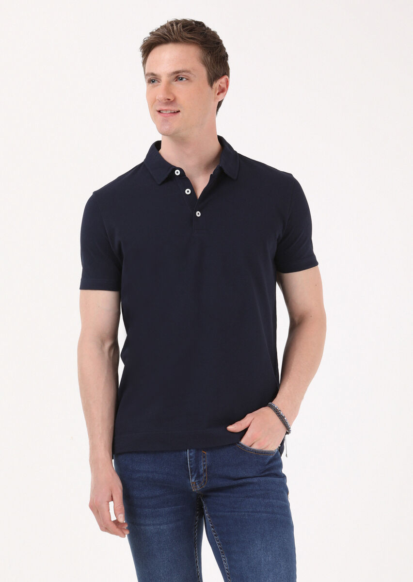 Navy Blue Jacquard Polo Neck 100% Cotton T-Shirt - 2