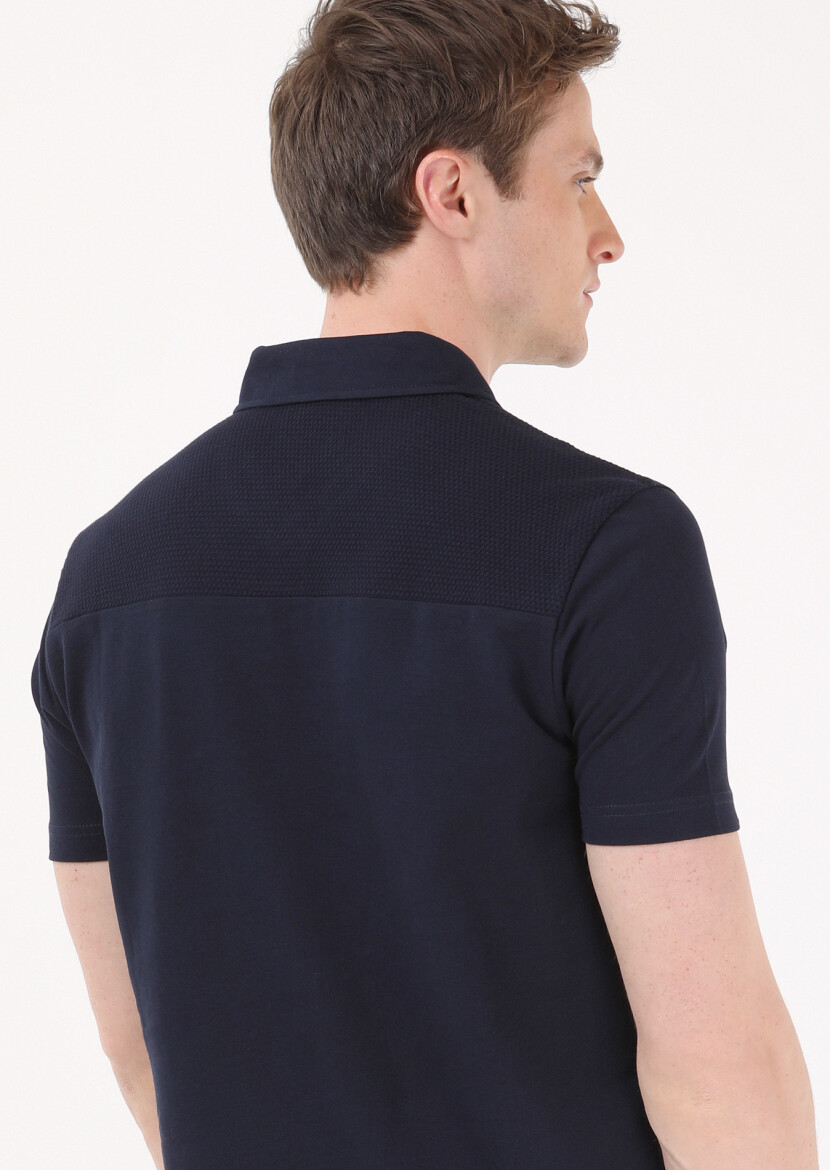 Navy Blue Jacquard Polo Neck 100% Cotton T-Shirt - 5