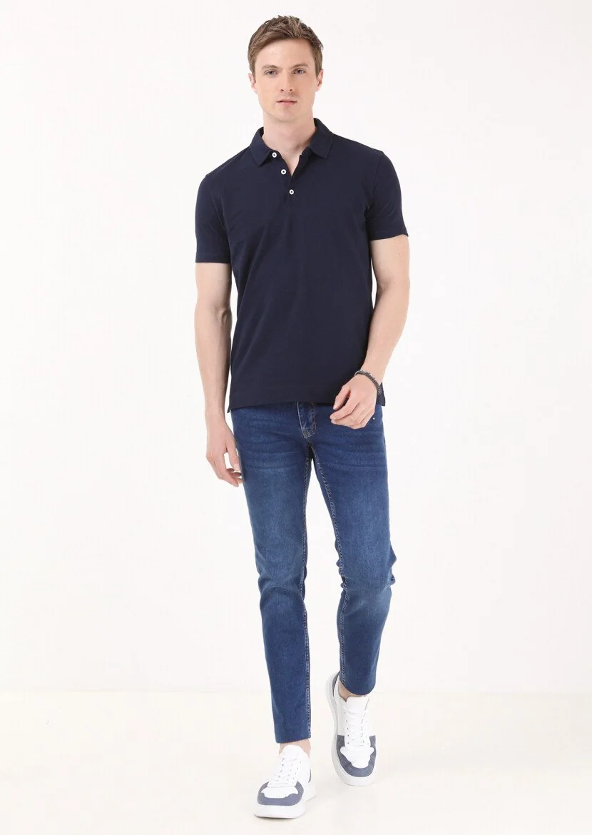 Navy Blue Jacquard Polo Neck 100% Cotton T-Shirt - 1