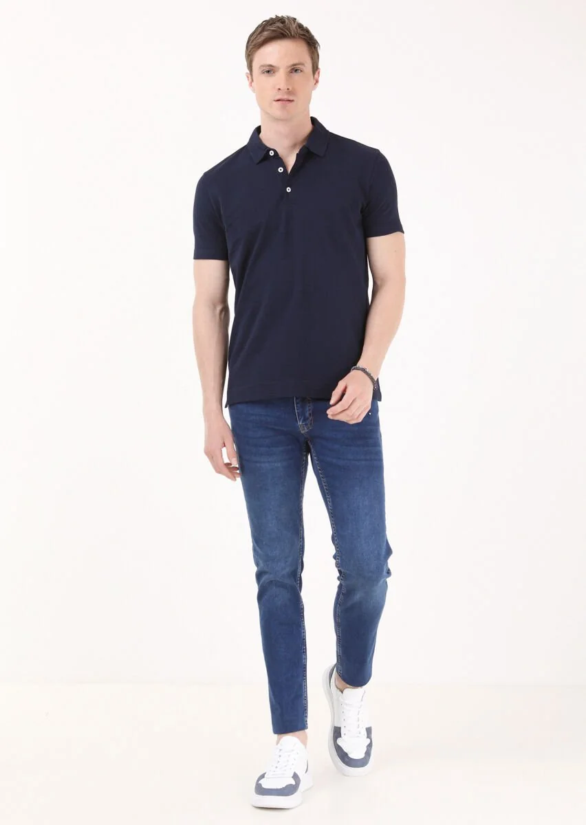 Navy Blue Jacquard Polo Neck 100% Cotton T-Shirt - 1