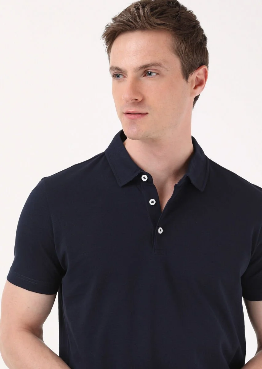 Navy Blue Jacquard Polo Neck 100% Cotton T-Shirt - 3