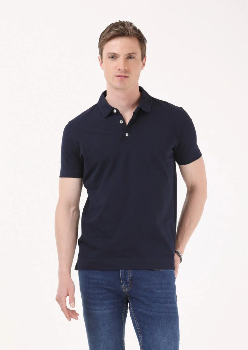 Navy Blue Jacquard Polo Neck 100% Cotton T-Shirt - 4