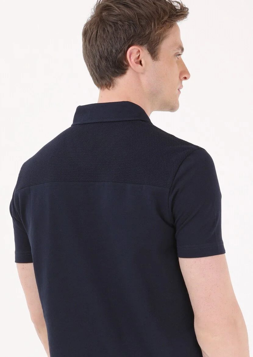Navy Blue Jacquard Polo Neck 100% Cotton T-Shirt - 5