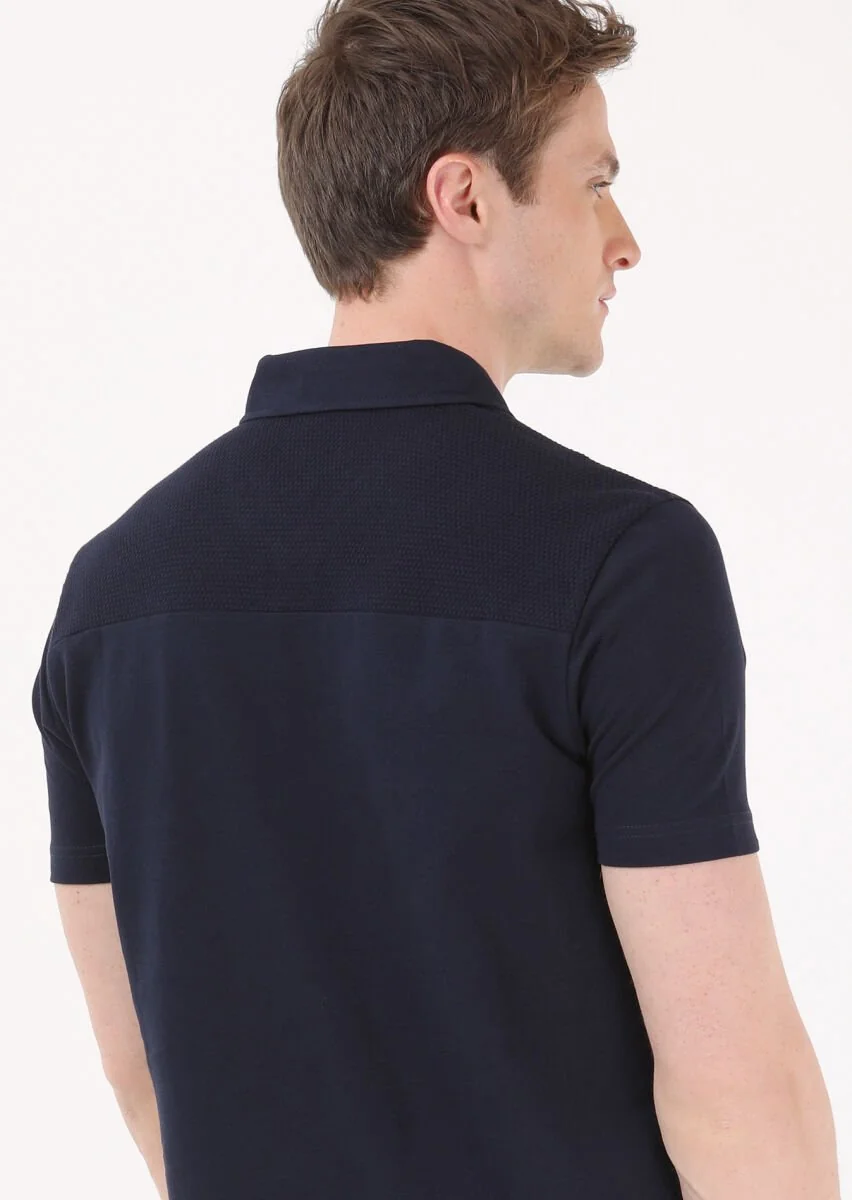 Navy Blue Jacquard Polo Neck 100% Cotton T-Shirt - 5