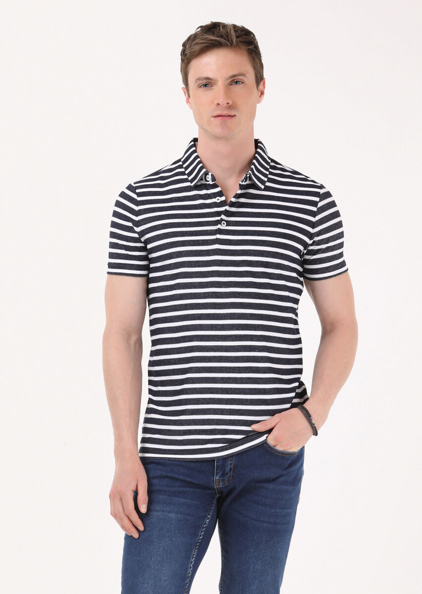Navy Blue Jacquard Polo Neck 100% Cotton T-Shirt - 1