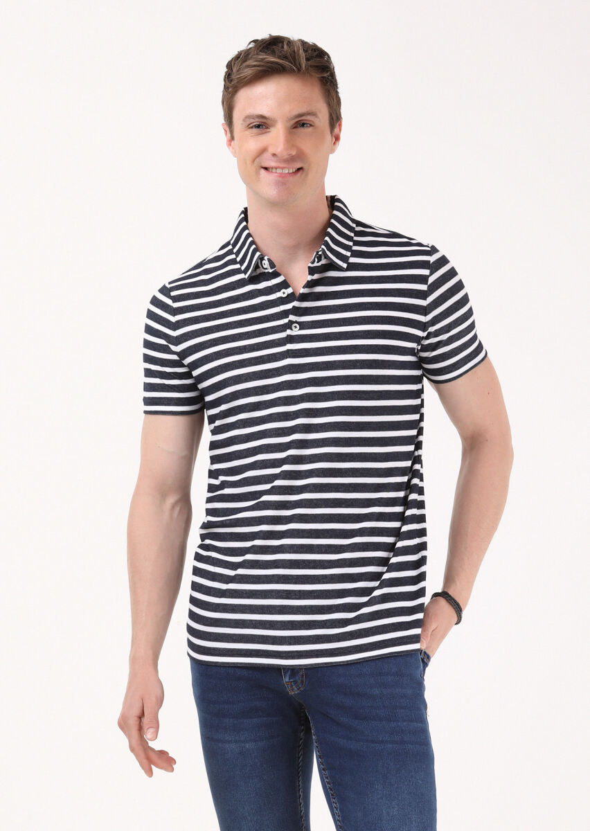 Navy Blue Jacquard Polo Neck 100% Cotton T-Shirt - 3