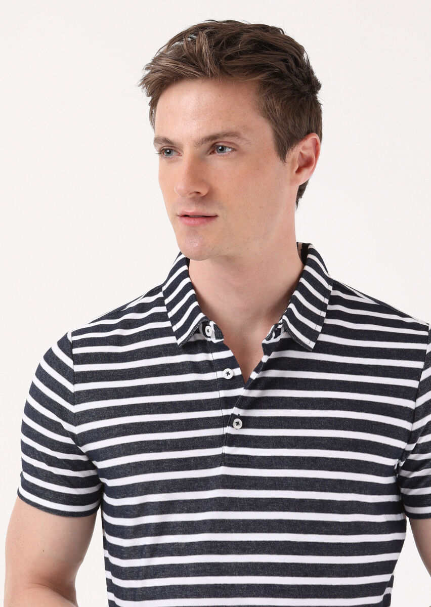 Navy Blue Jacquard Polo Neck 100% Cotton T-Shirt - 4