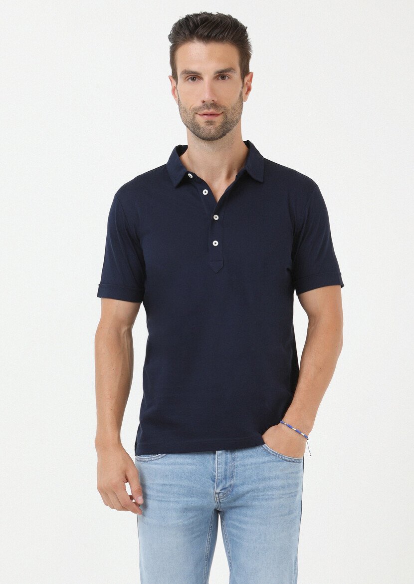 Navy Blue Jacquard Polo Neck 100% Cotton T-Shirt - 2