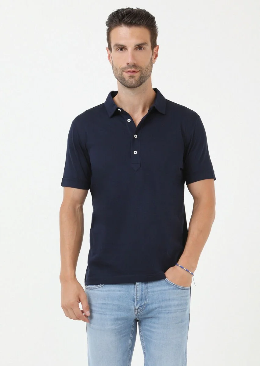 Navy Blue Jacquard Polo Neck 100% Cotton T-Shirt - 2