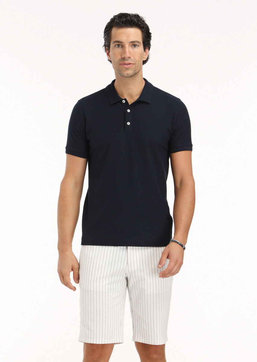 Navy Blue Jacquard Polo Neck 100% Cotton T-Shirt - 2