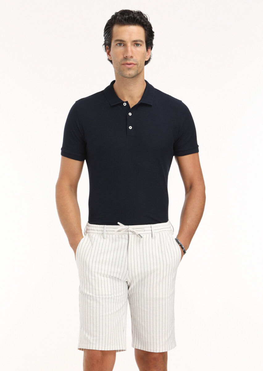 Navy Blue Jacquard Polo Neck 100% Cotton T-Shirt - 3