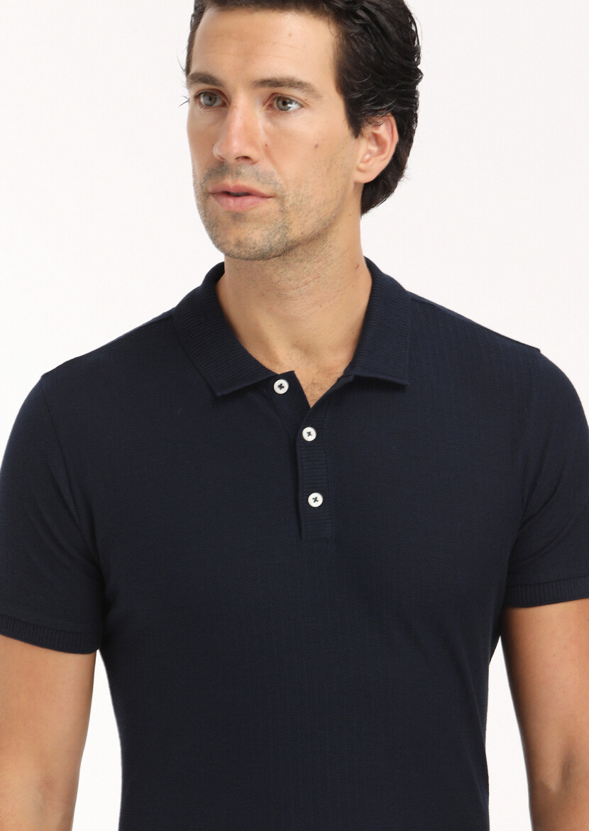 Navy Blue Jacquard Polo Neck 100% Cotton T-Shirt - 4