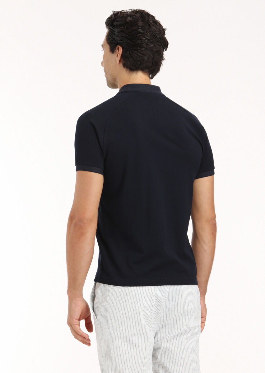 Navy Blue Jacquard Polo Neck 100% Cotton T-Shirt - 4