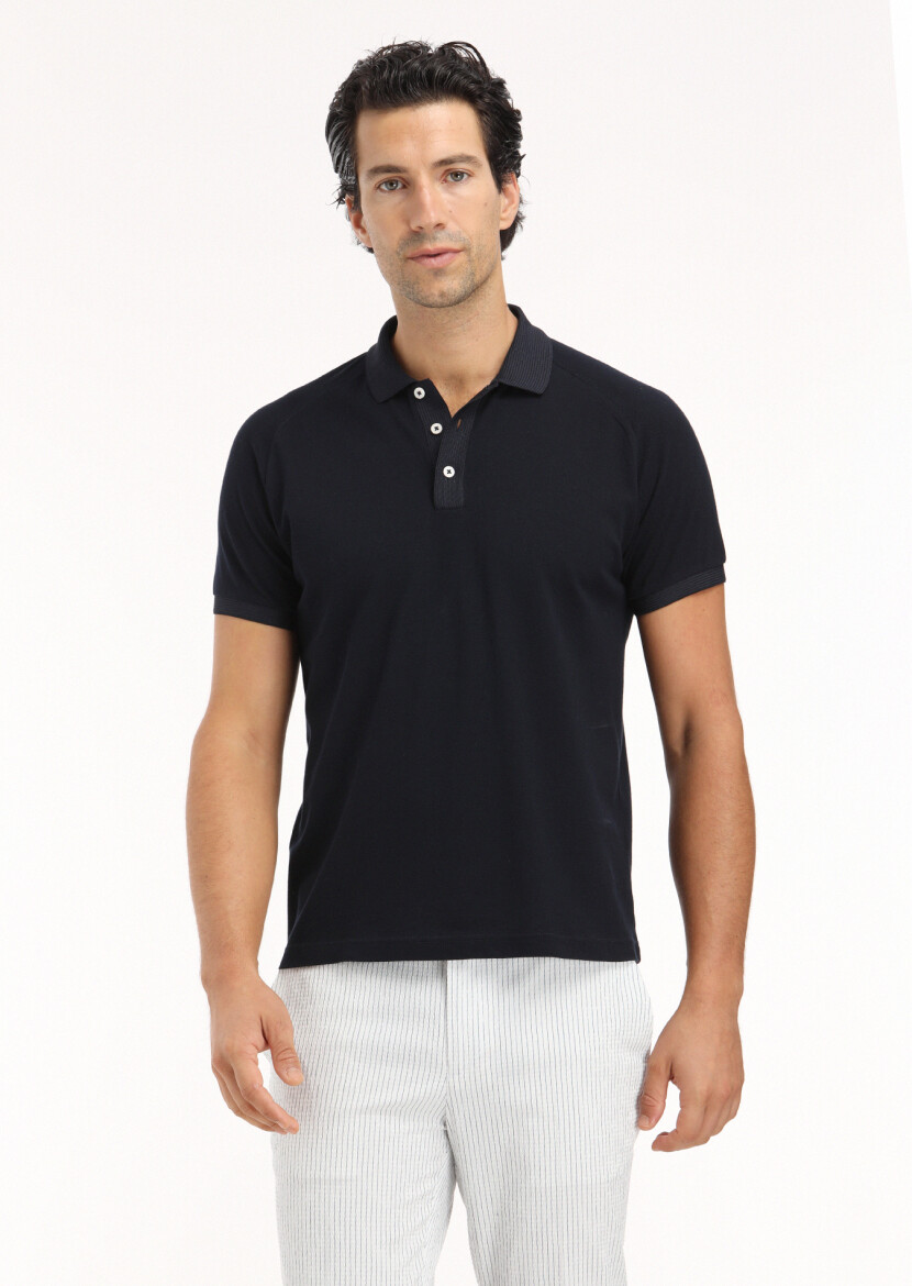 Navy Blue Jacquard Polo Neck 100% Cotton T-Shirt - 2