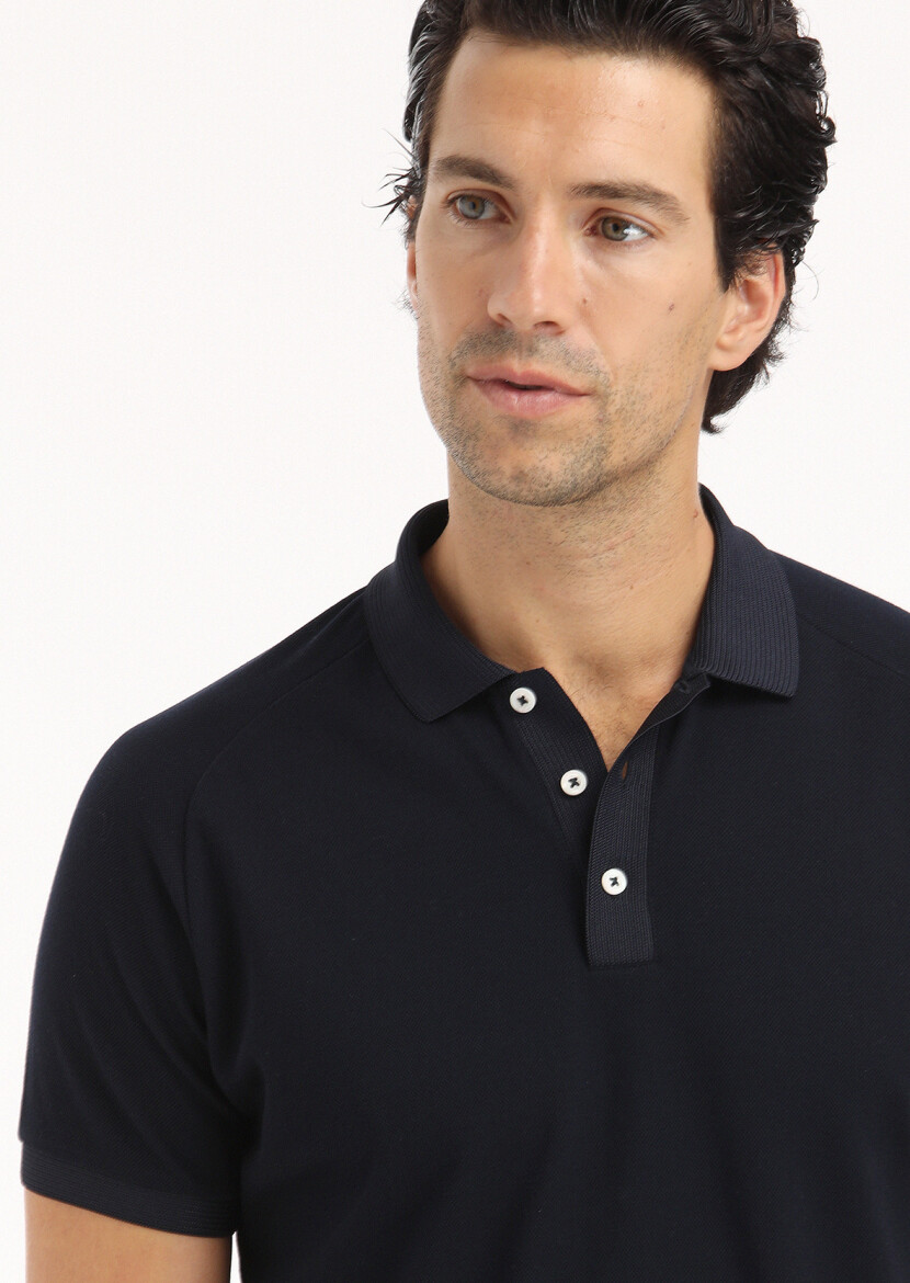 Navy Blue Jacquard Polo Neck 100% Cotton T-Shirt - 4