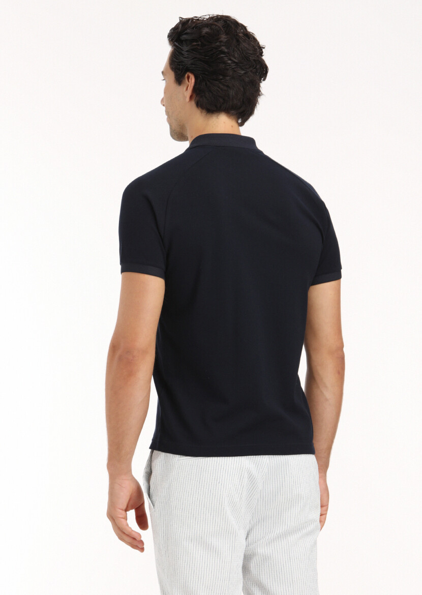 Navy Blue Jacquard Polo Neck 100% Cotton T-Shirt - 5