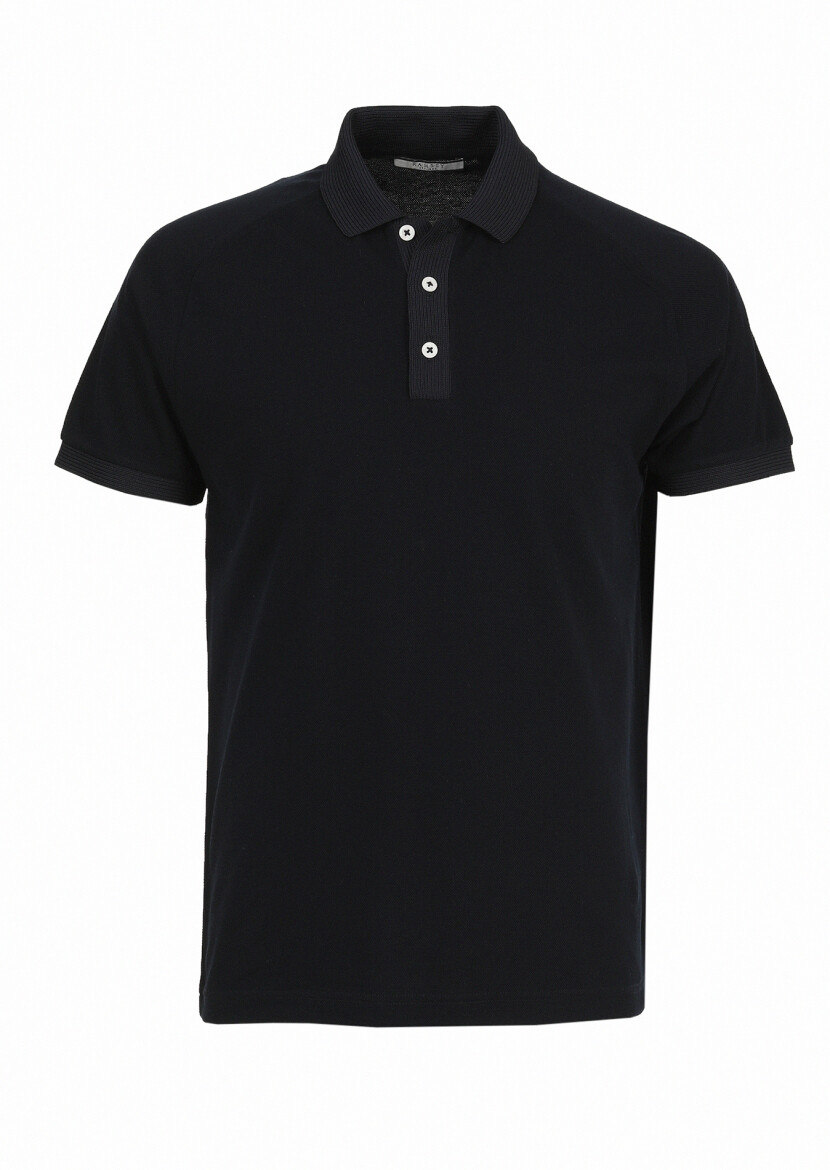 Navy Blue Jacquard Polo Neck 100% Cotton T-Shirt - 6