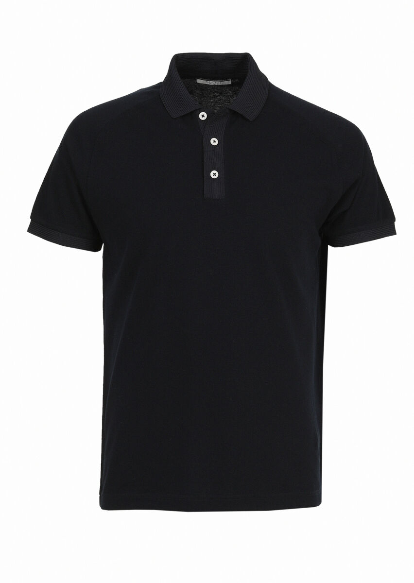 Navy Blue Jacquard Polo Neck 100% Cotton T-Shirt - 6