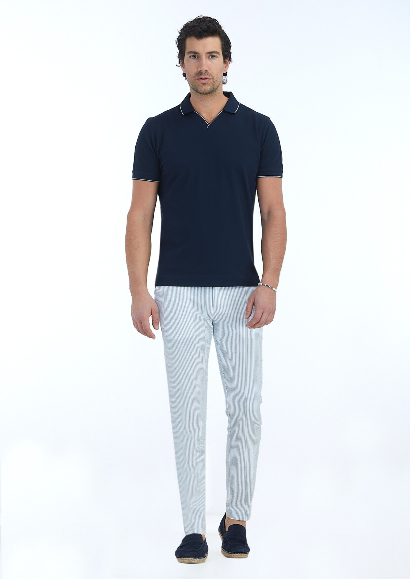 Navy Blue Jacquard Polo Neck 100% Cotton T-Shirt - 1