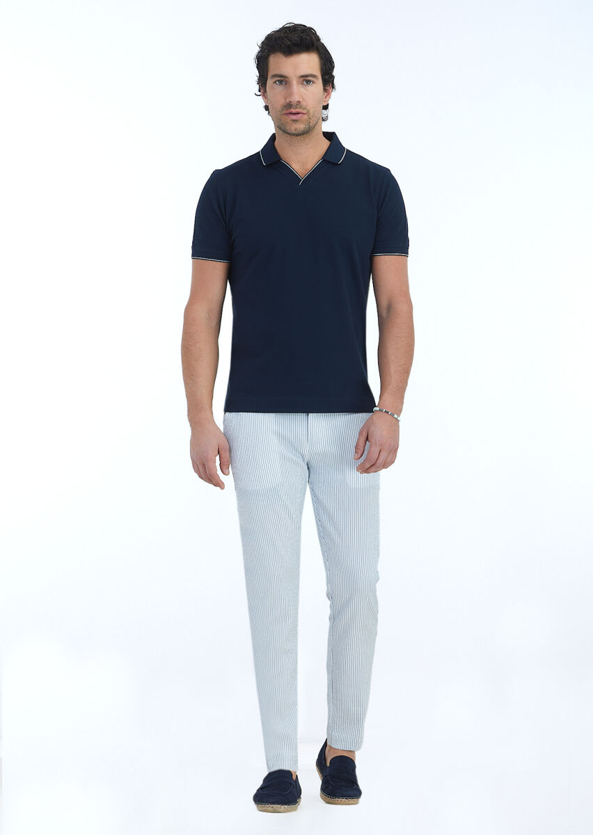 Navy Blue Jacquard Polo Neck 100% Cotton T-Shirt - 1