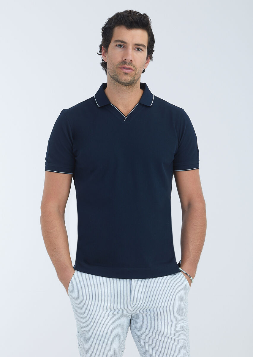 Navy Blue Jacquard Polo Neck 100% Cotton T-Shirt - 2