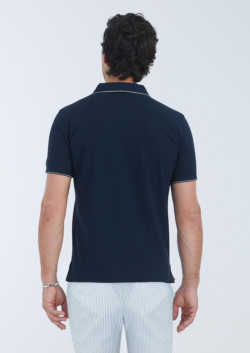 Navy Blue Jacquard Polo Neck 100% Cotton T-Shirt - 6