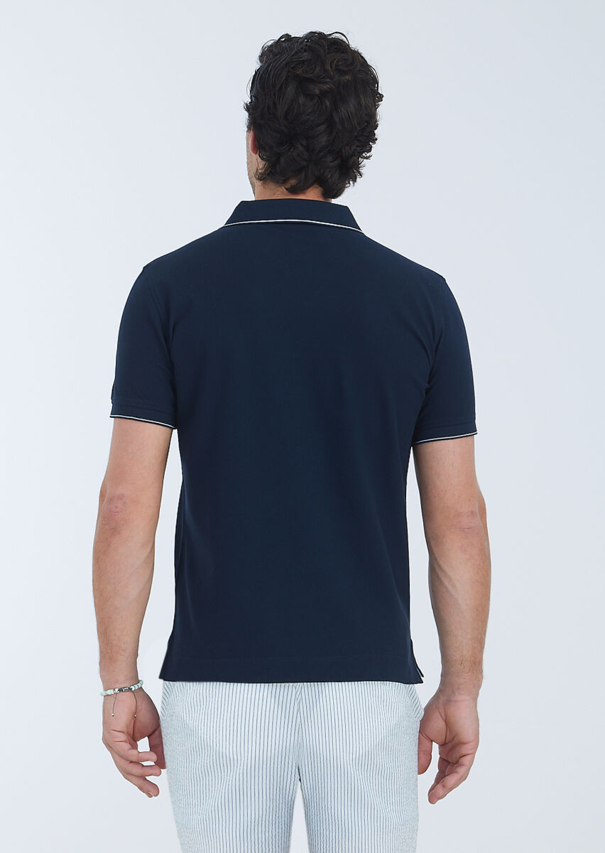 Navy Blue Jacquard Polo Neck 100% Cotton T-Shirt - 6