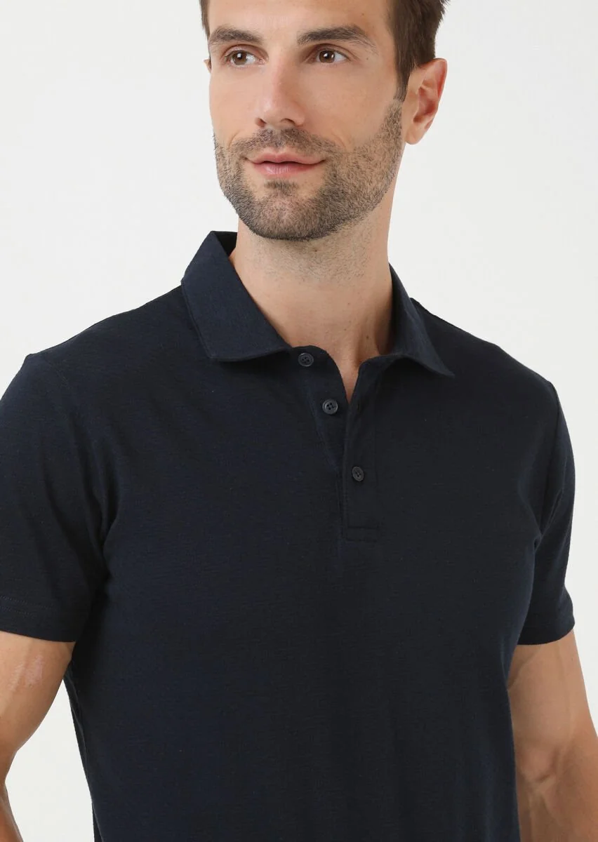 Navy Blue Jacquard Polo Neck 100% Cotton T-Shirt - 3