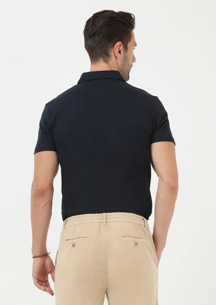 Navy Blue Jacquard Polo Neck 100% Cotton T-Shirt - 4