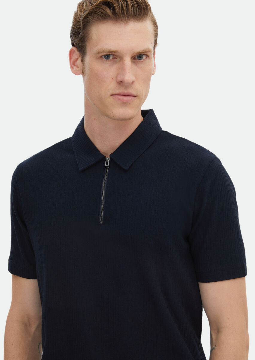Navy Blue Jacquard Polo Neck 100% Cotton T-Shirt - 4
