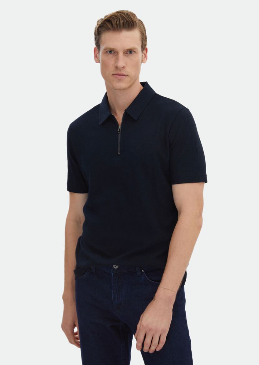 Navy Blue Jacquard Polo Neck 100% Cotton T-Shirt 