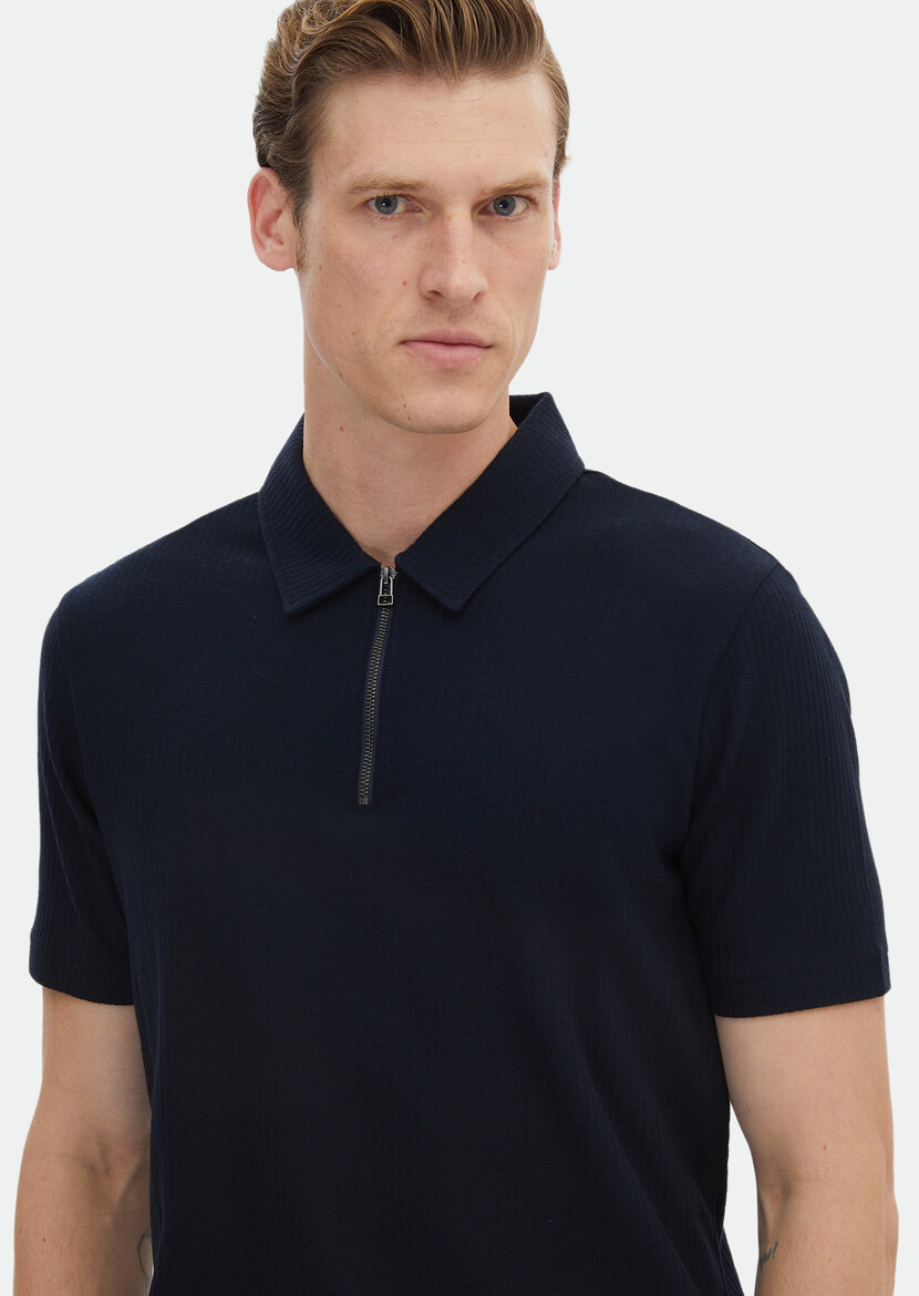 Navy Blue Jacquard Polo Neck 100% Cotton T-Shirt - 4