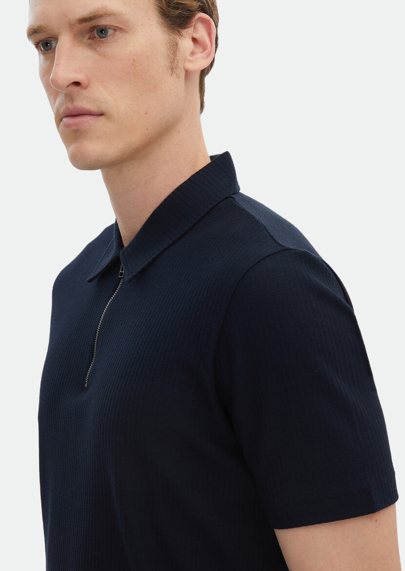 Navy Blue Jacquard Polo Neck 100% Cotton T-Shirt - 5