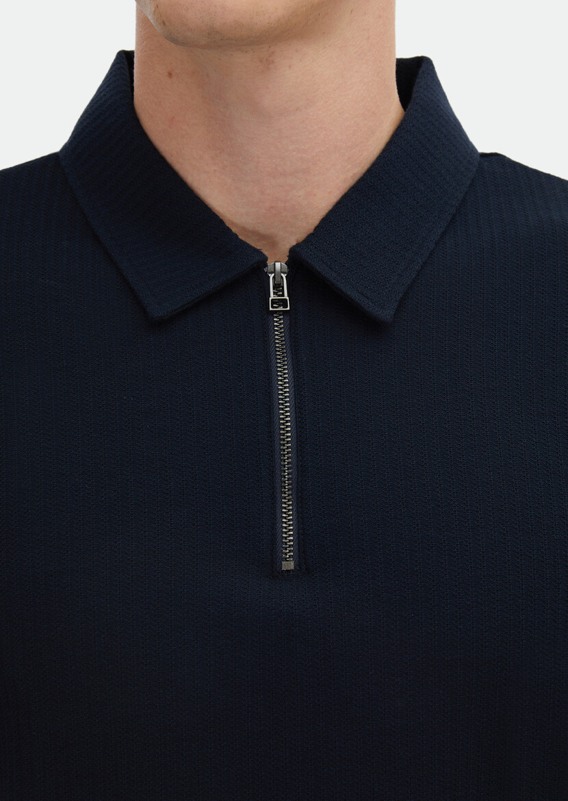 Navy Blue Jacquard Polo Neck 100% Cotton T-Shirt - 6