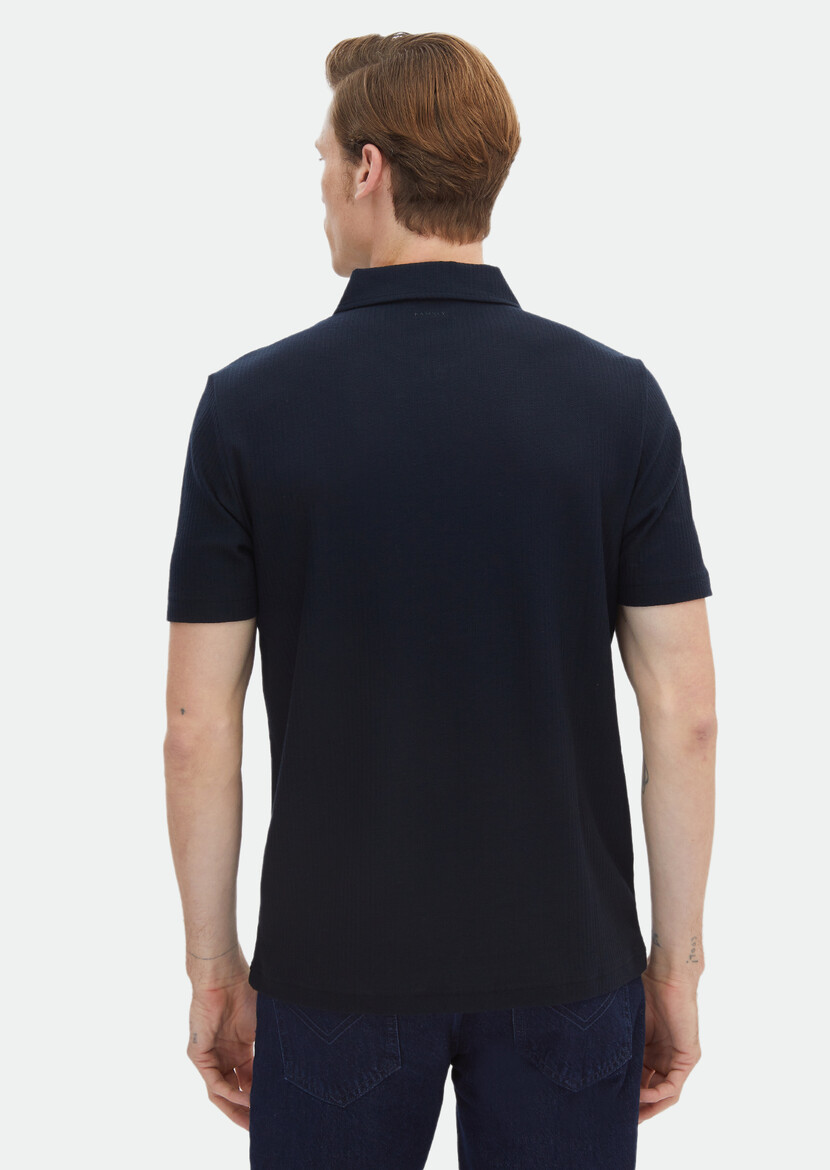 Navy Blue Jacquard Polo Neck 100% Cotton T-Shirt - 7