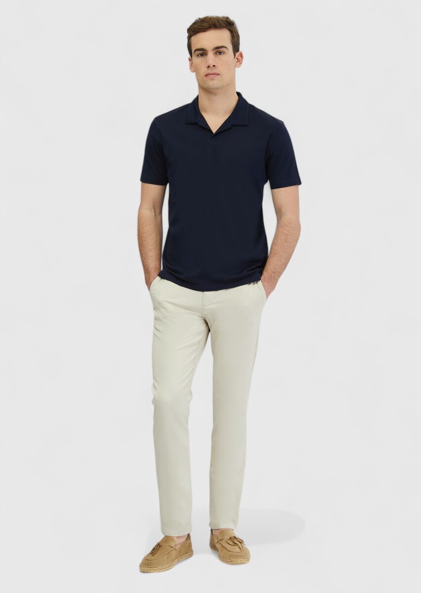 Navy Blue Jacquard Polo Neck 100% Cotton T-Shirt - 1