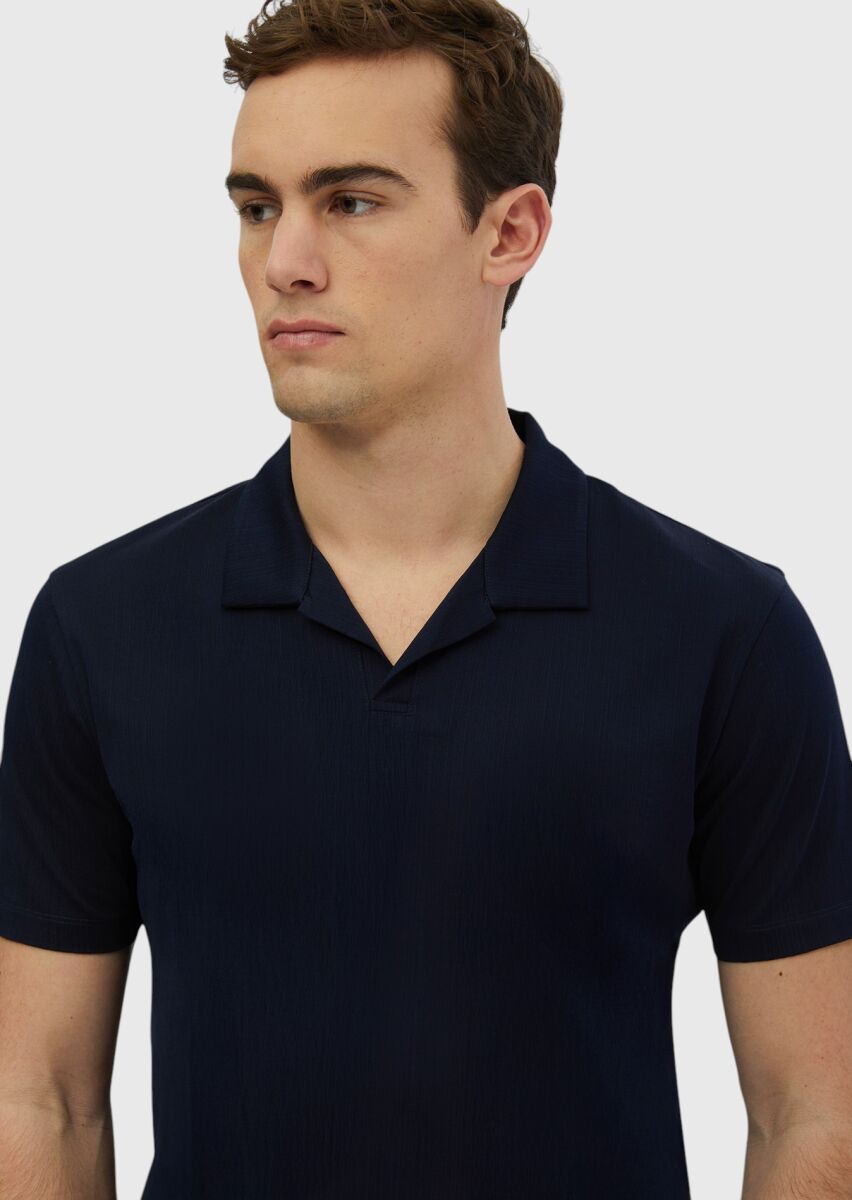 Navy Blue Jacquard Polo Neck 100% Cotton T-Shirt - 3
