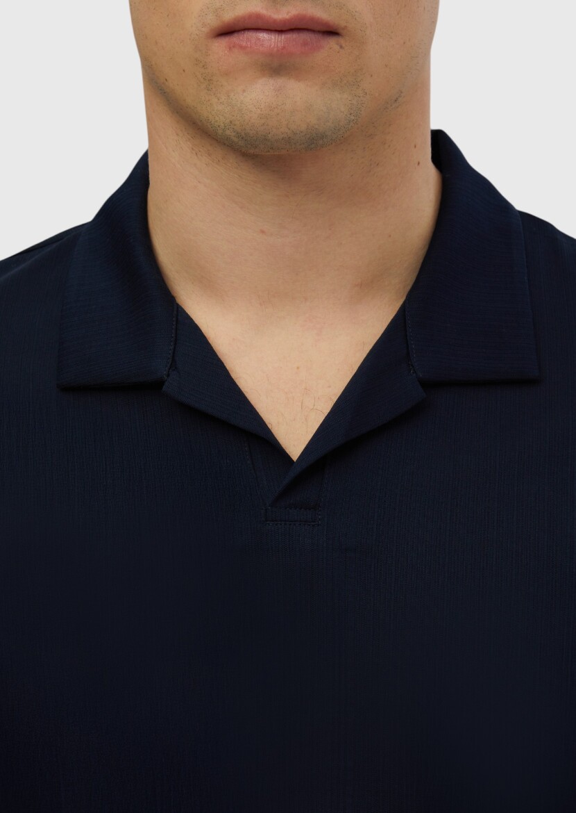 Navy Blue Jacquard Polo Neck 100% Cotton T-Shirt - 4