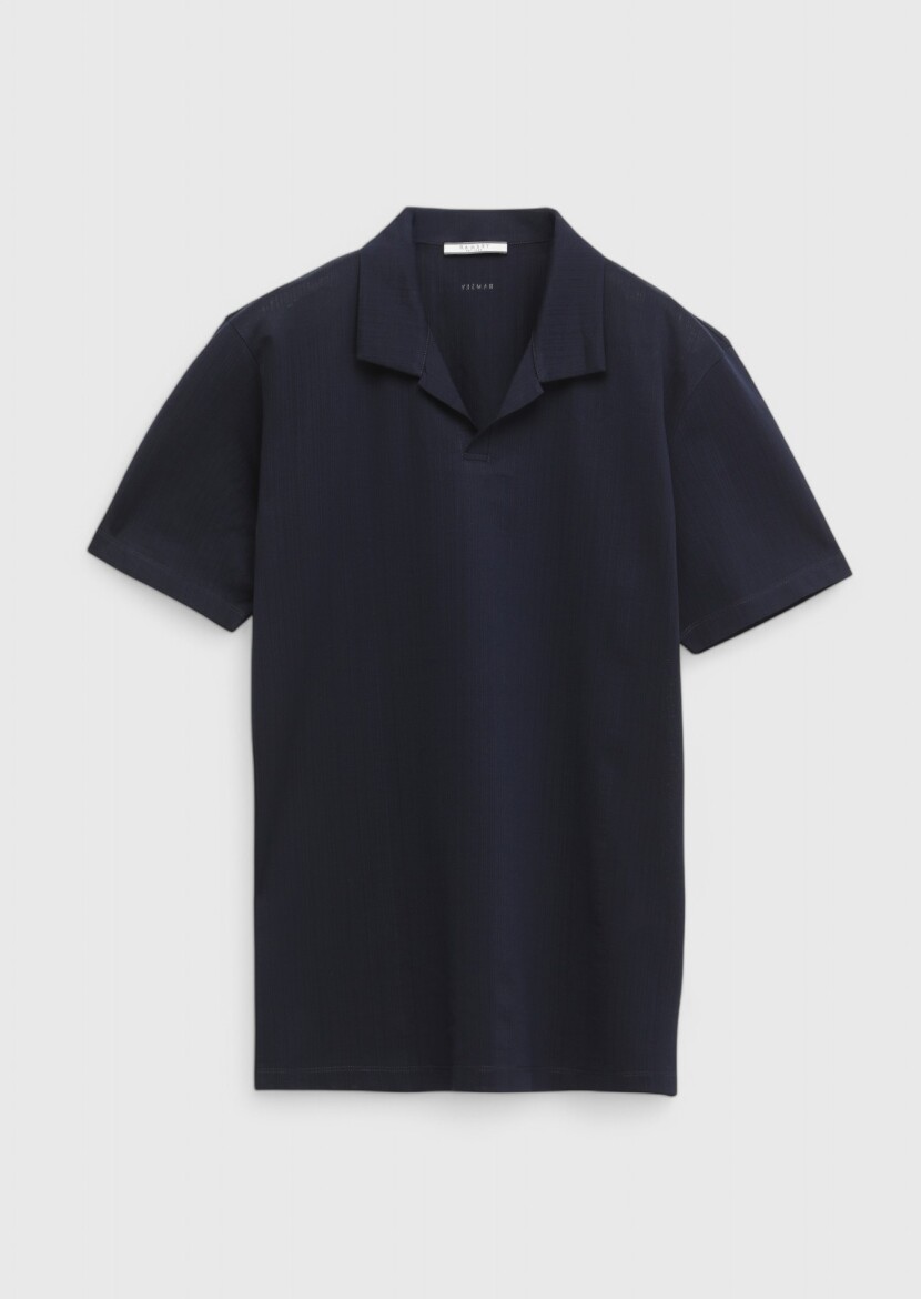 Navy Blue Jacquard Polo Neck 100% Cotton T-Shirt - 5