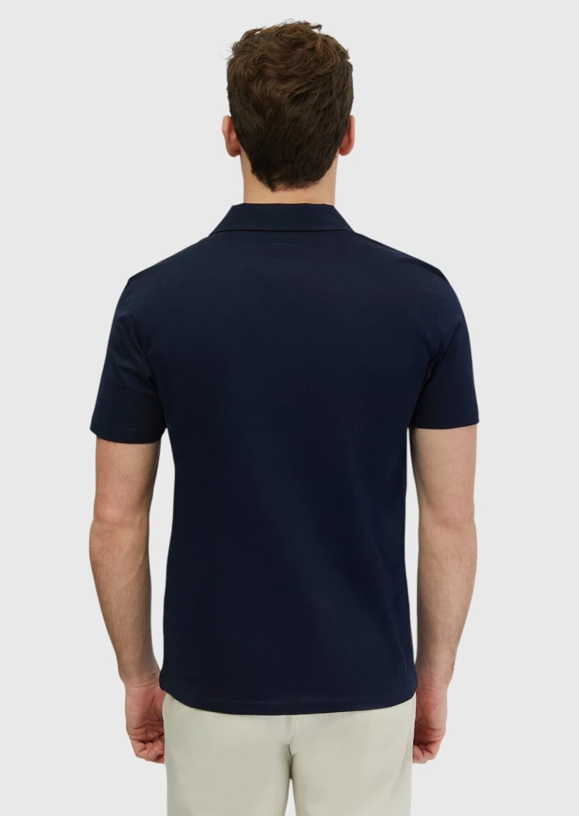 Navy Blue Jacquard Polo Neck 100% Cotton T-Shirt 