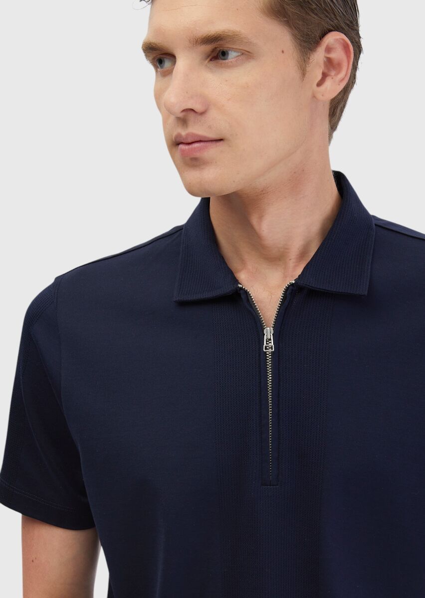 Navy Blue Jacquard Polo Neck 100% Cotton T-Shirt - 3