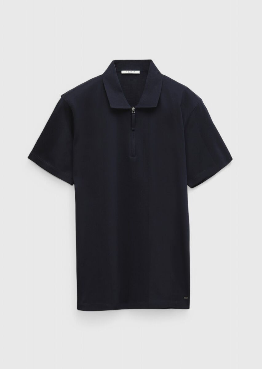 Navy Blue Jacquard Polo Neck 100% Cotton T-Shirt - 8