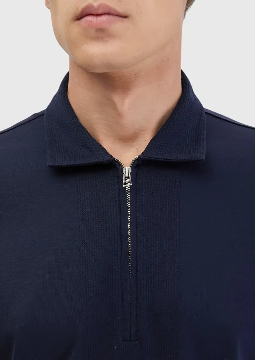 Navy Blue Jacquard Polo Neck 100% Cotton T-Shirt - 5