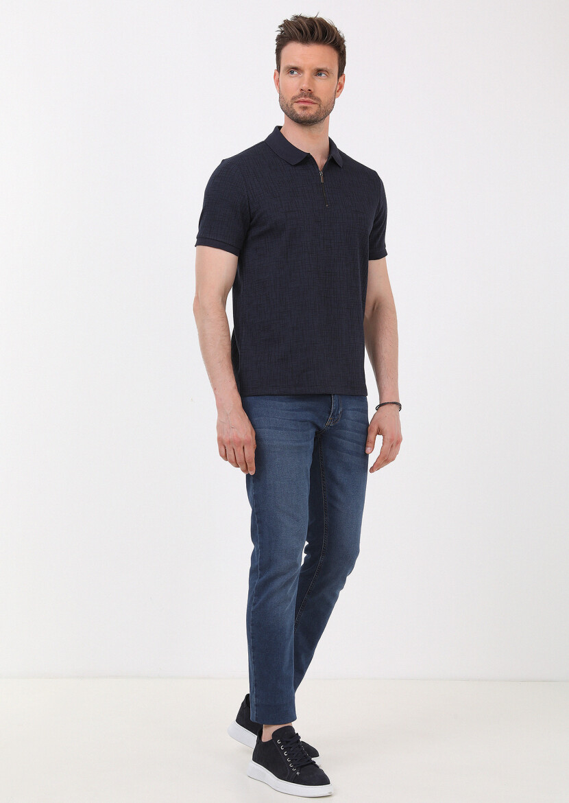Navy Blue Jacquard Polo Neck Cotton Blended T-Shirt - 3