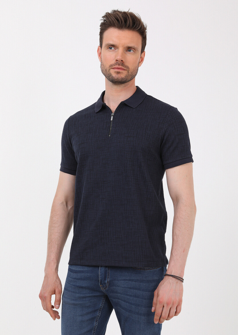 Navy Blue Jacquard Polo Neck Cotton Blended T-Shirt - 4