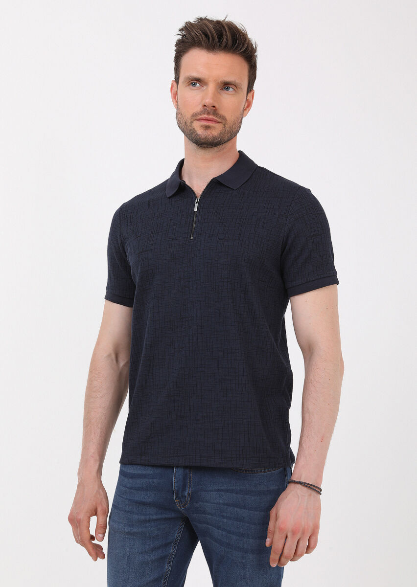Navy Blue Jacquard Polo Neck Cotton Blended T-Shirt - 4