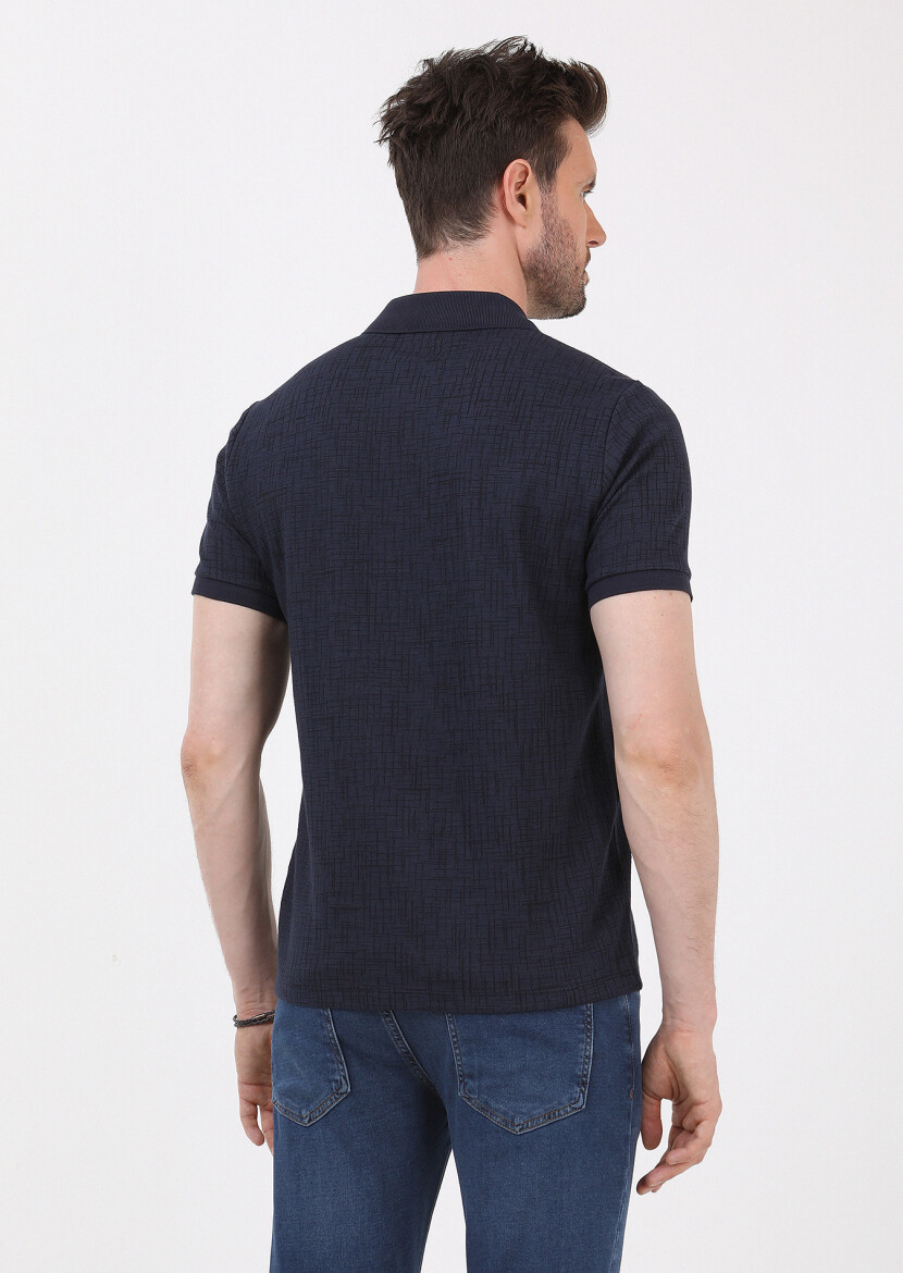 Navy Blue Jacquard Polo Neck Cotton Blended T-Shirt - 5
